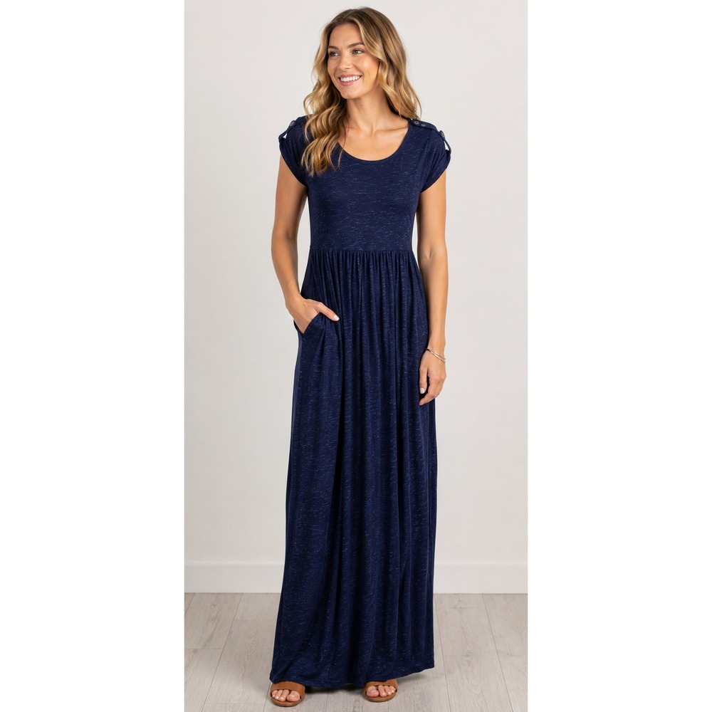 Matilda Jane Navy Blue 100% Rayon Long Maxi Dress Womens size S Cap Sleeve Flowy